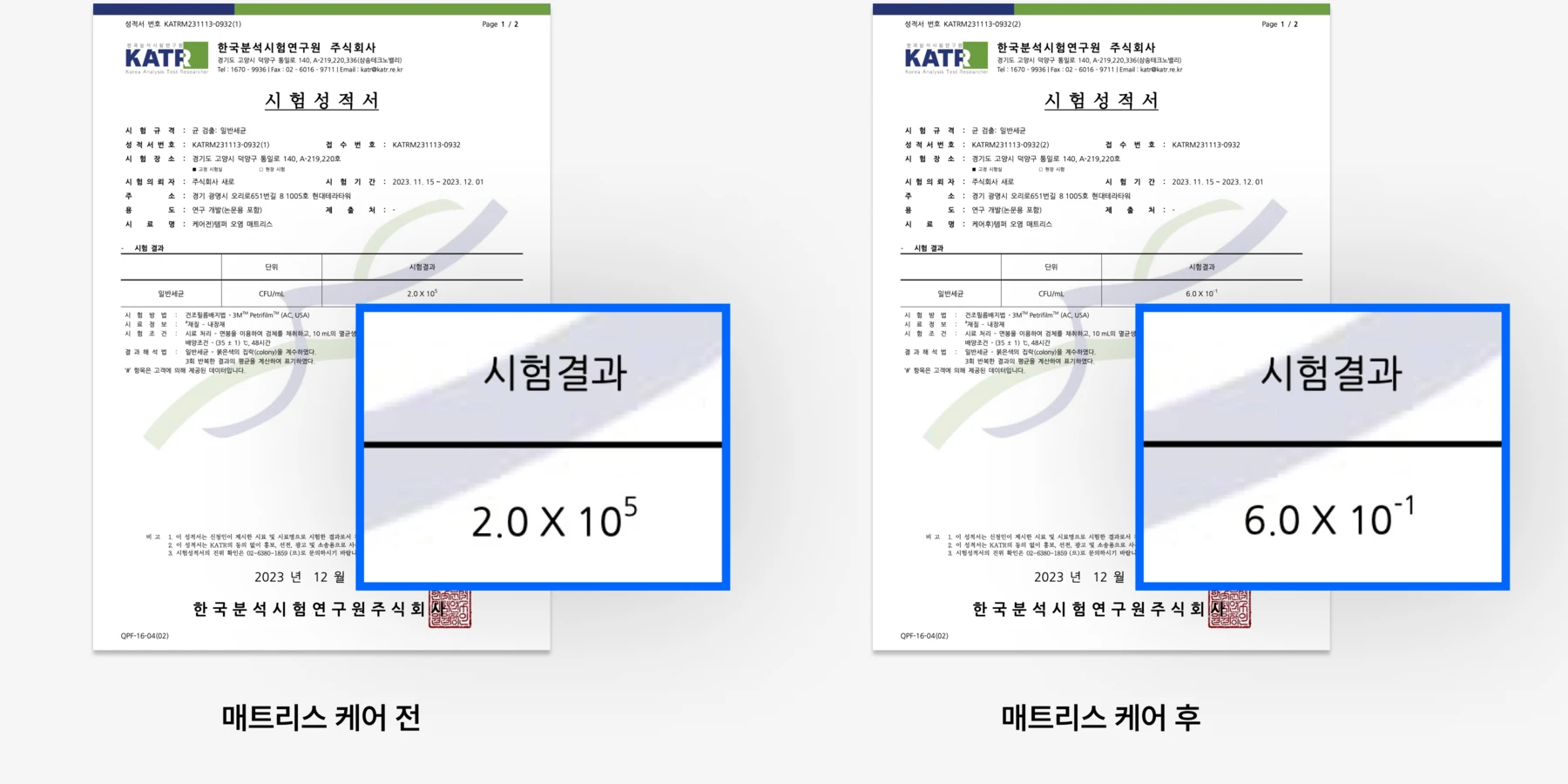 KATRI 한국분석시험연구원 매트리스 케어 전·후 세균 시험성적서